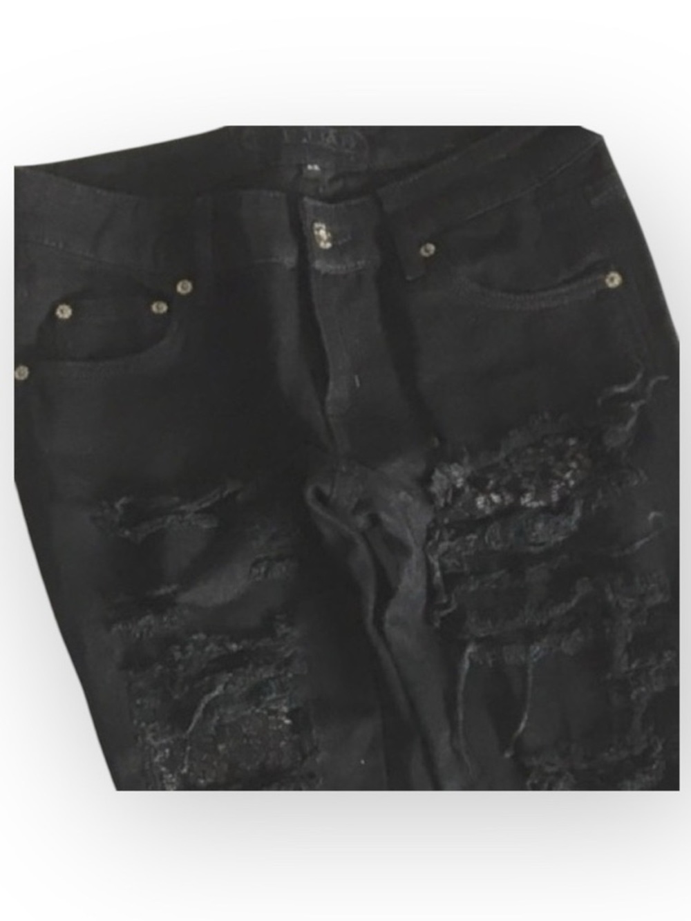 LF Carmar ❉ Skinny Shredded Rips Stretch Jeans ❉ Lace Patches ❉ Jet Black ❉ 25 ❉ - Picture 11 of 16